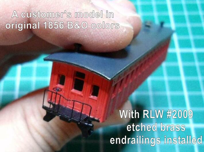 R02i 2x N scale B&O 1856 passenger coach w/int. 3d printed with RLW #2009 brass endrail parts