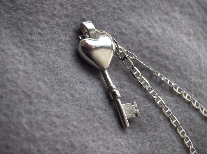 The key to a heart, 004 3d printed 925 Sterling Silver Pendant, with a hand polished glossy finish, chain not included