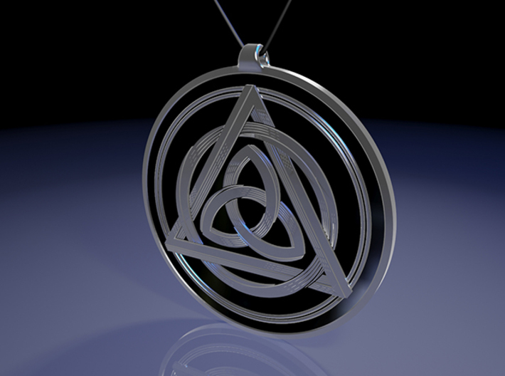 Doublesided Celtic Knot Pendant ~ 44mm(1 3/4 inch) 3d printed Rear view raytraced render simulates black enamel to enhance the silver embossed design