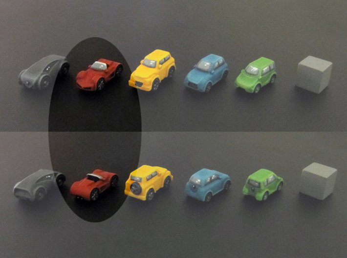 Miniature cars, Sports car (8pcs) 3d printed Hand-painted car. 10mm cube on the right for scale.
