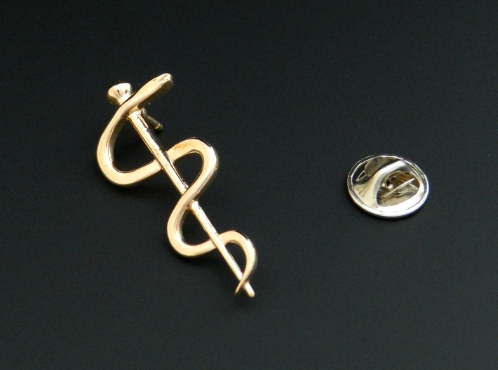 Rod of Asclepius Lapel Pin 3d printed Polished Bronze