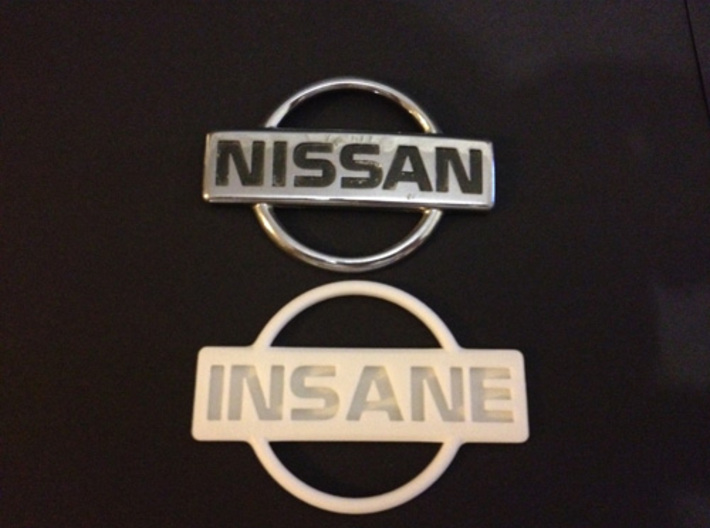Nissan Insane Badge thinner version 2 3d printed Shown Next to 200sx s13 badge