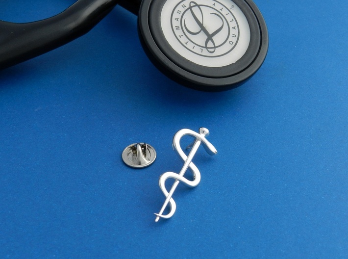 Rod of Asclepius Lapel Pin 3d printed Premium Silver
