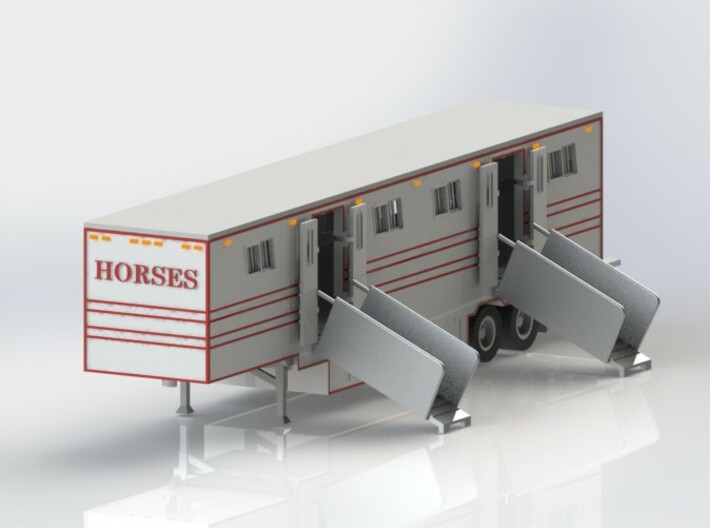 HO 1/87 Horsebox 48' Semi 03 3d printed CAD render shwing both ramps fitted.