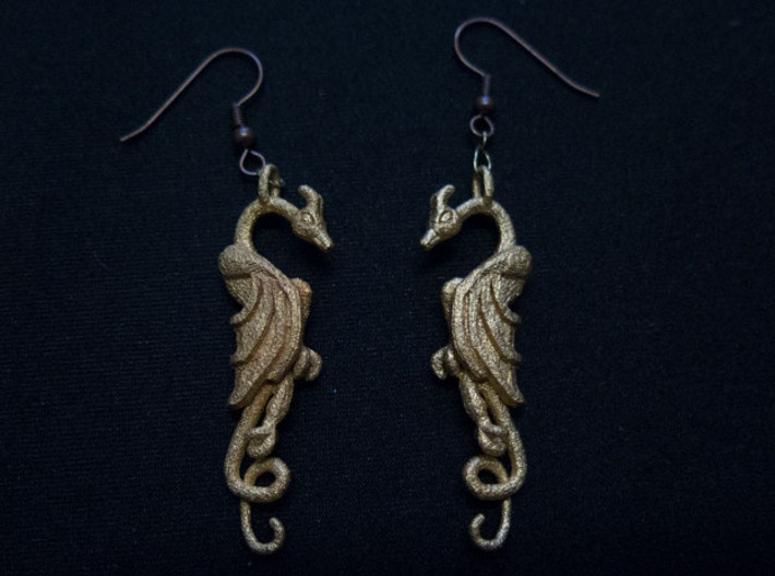 Flat Dragon Pair 3d printed Earrings in polished gold steel