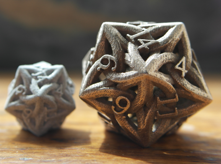 Large Celtic D20 3d printed Large D20 in Stainless Steel pictured with original D20 for scale