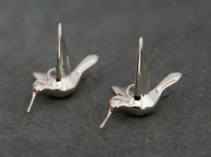 Hummingbird earrings 3d printed In Premium Silver finish