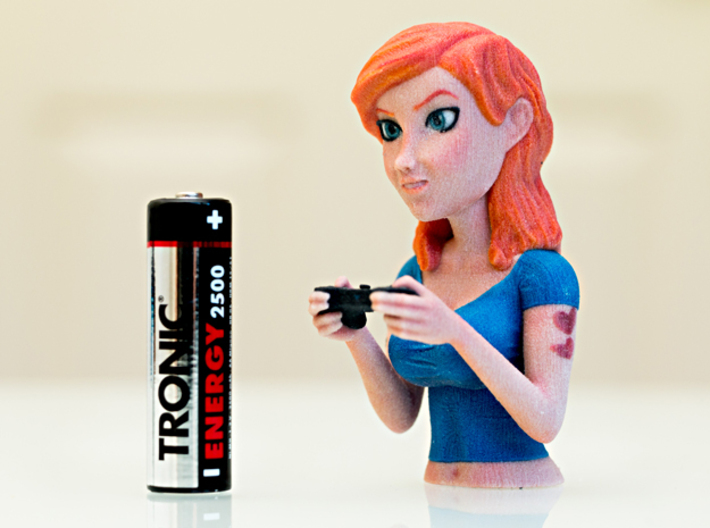 Redhead gamer girl mini bust 3d printed Size comparison with a AA battery.