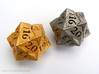 'Starry' D20 Spindown Life Counter Die 3d printed Polished gold steel (left), and polished nickel steel (right).