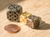 Rustic Die - Large 3d printed Size comparison against a penny and small dice. This item is the LARGER die pictured.