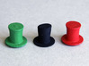 Top Hat Boardgame Counters (x4) 3d printed Showing size compared with the 'Last Will' top hats (the red and green ones).