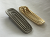 Art Deco-Inspired Bottle Opener 3d printed Top and Bottom Views (Polished Nickel Steel on Left; Raw Brass on Right)