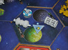 Human Spacestation 3d printed Sol Spacedock in orbit of Lazar with a cruiser and fighters in a game of Twilight Imperium 3