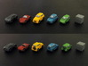 Miniature cars 20mm, 5 models (5pcs) 3d printed Hand-painted cars (white plastic) 10mm cube on the right for scale.